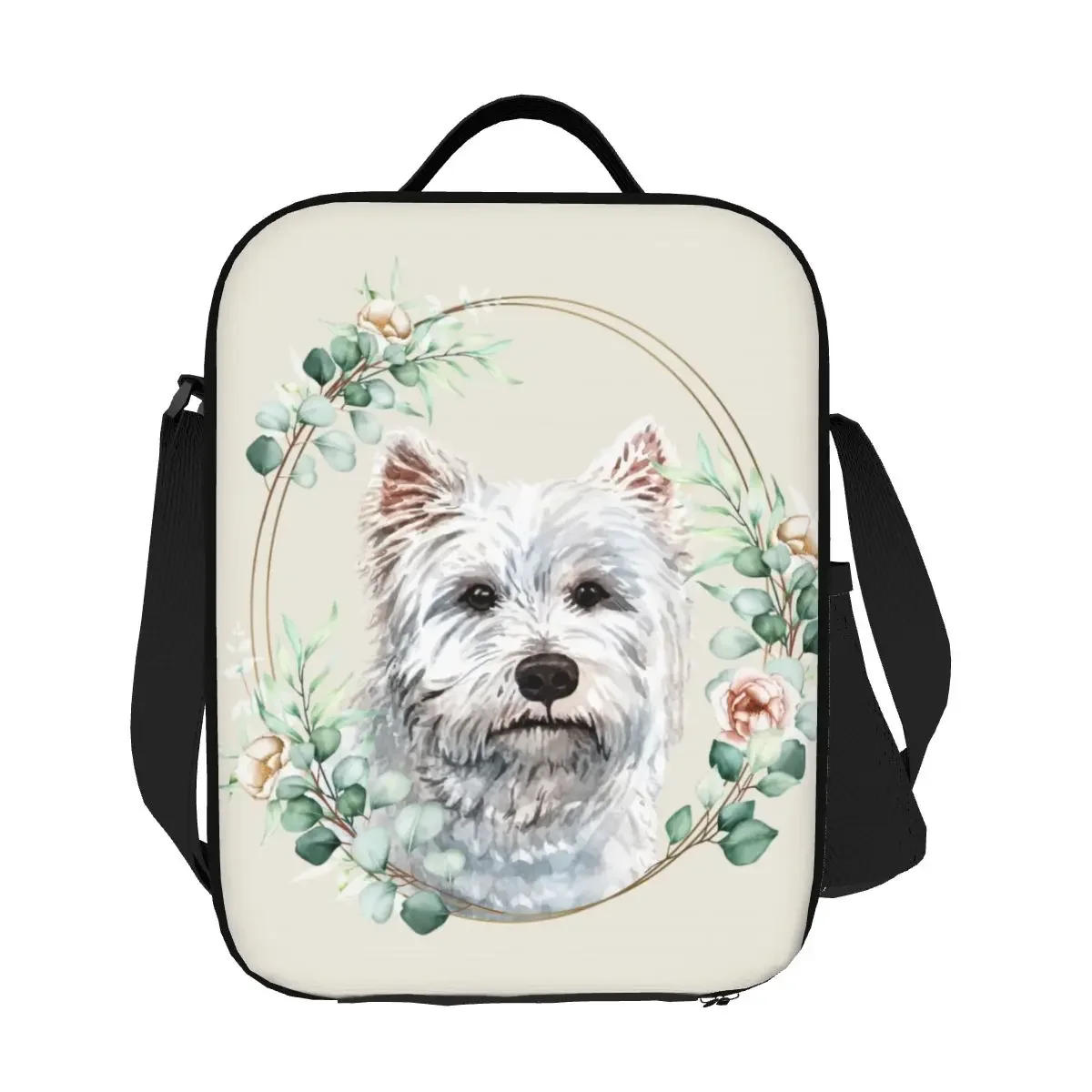 West highland branco terrier cão em floral ouro grinalda isolado almoço saco westie amante do animal de estimação refrigerador térmico bento caixa praia viagem