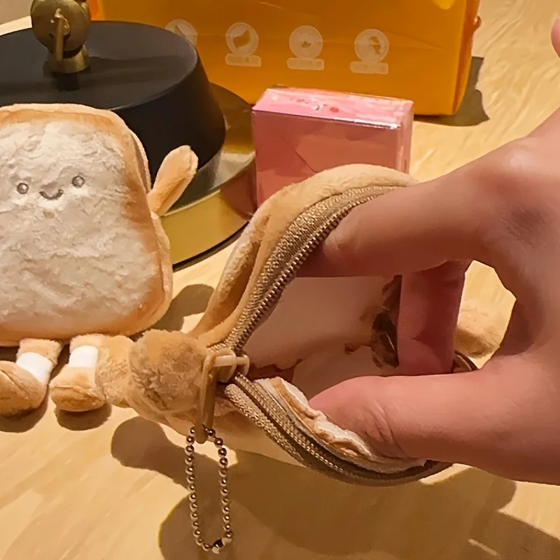 Cute Toast-Shaped Coin Purse with AKeychain Pendant Wallet Perfect for Hanging on A Backpack, for Storing Earphone & Small Items