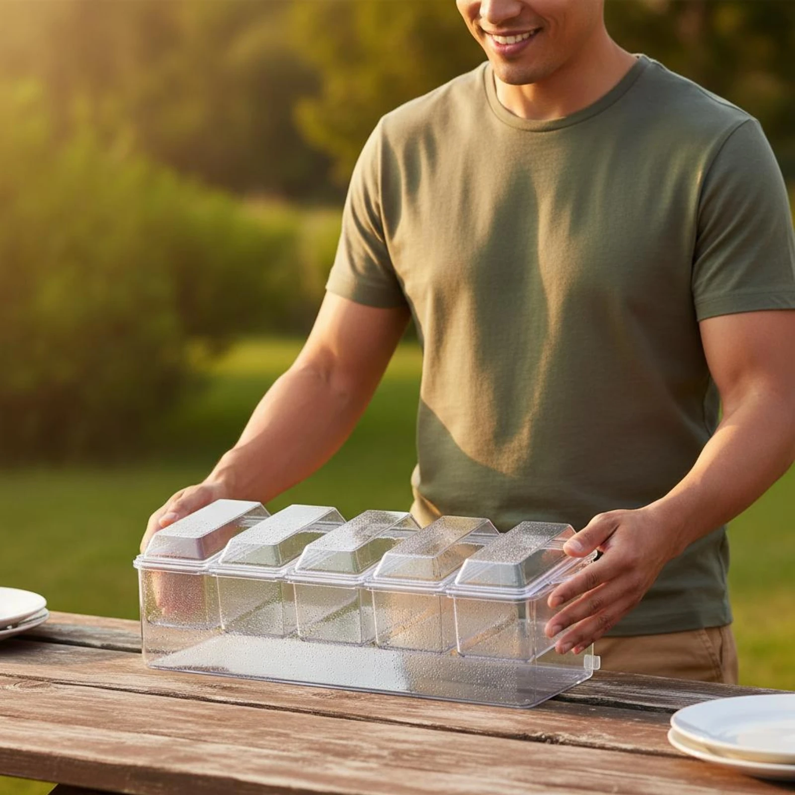Geteilte Servierschale mit Deckel, tragbare Salatschale mit Fächern, Snackbox, transparenter Kühlschrank-Organizer, auslaufsicher für Partys