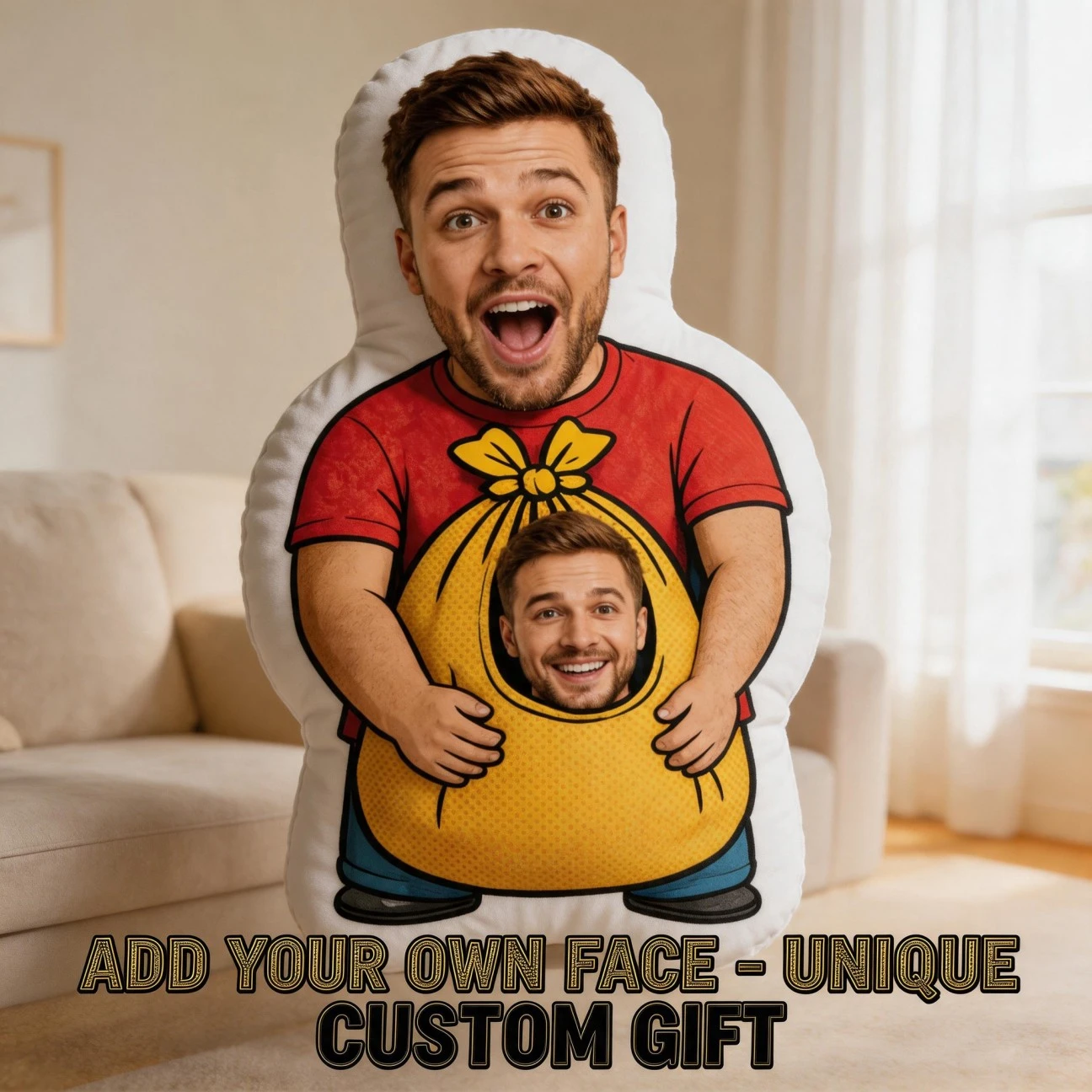 Custom Face Funny Shaped Pillow, Personalized Photo Man Holding Gift Bag Decorative Cushion, Unique Home Decor Accent for Sofa &