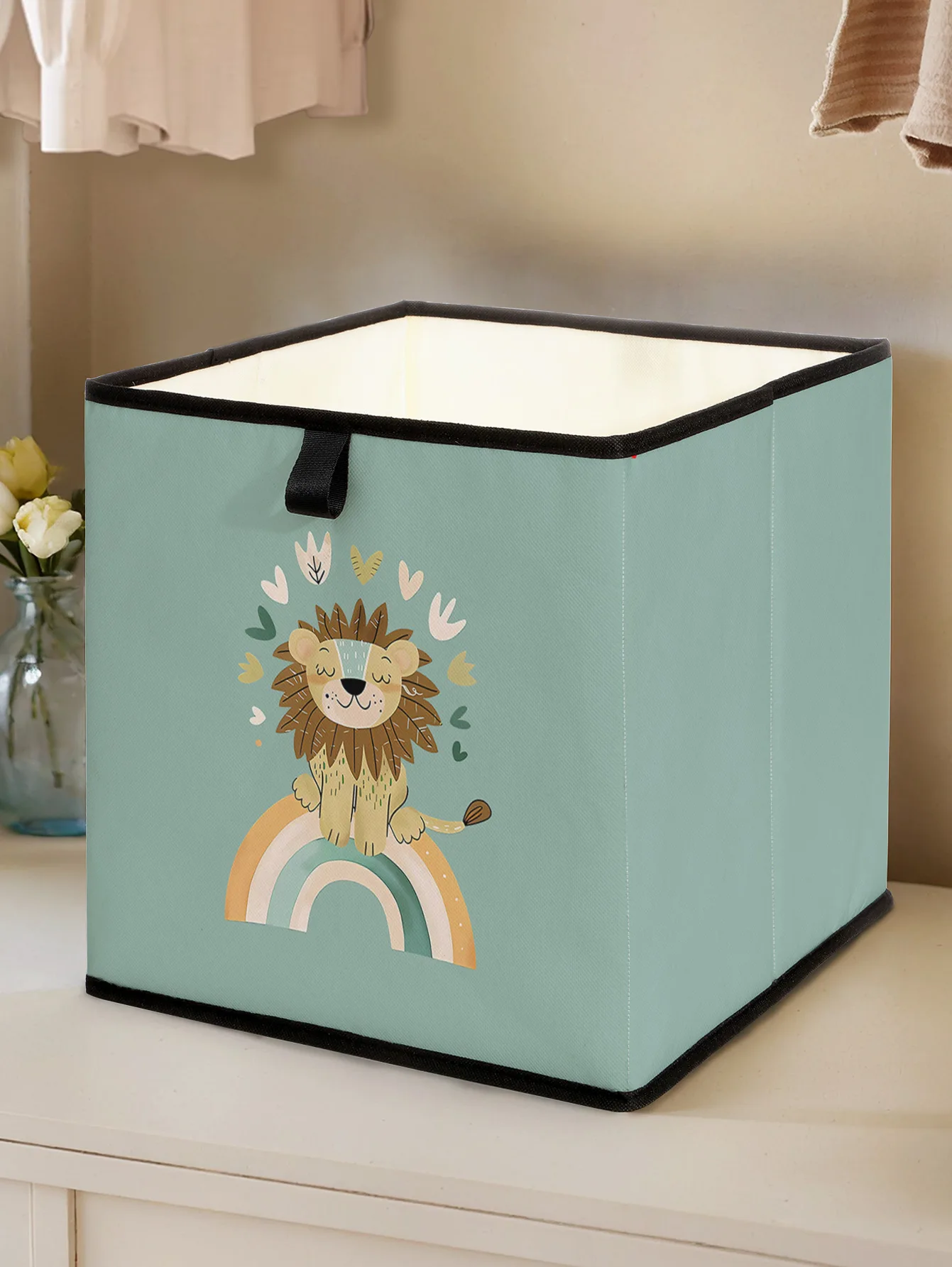 Cute Lion Rainbow Print Foldable Storage Cube Box, Collapsible Fabric Organizer Bin For Baby Toys Clothes And Daily Sundries