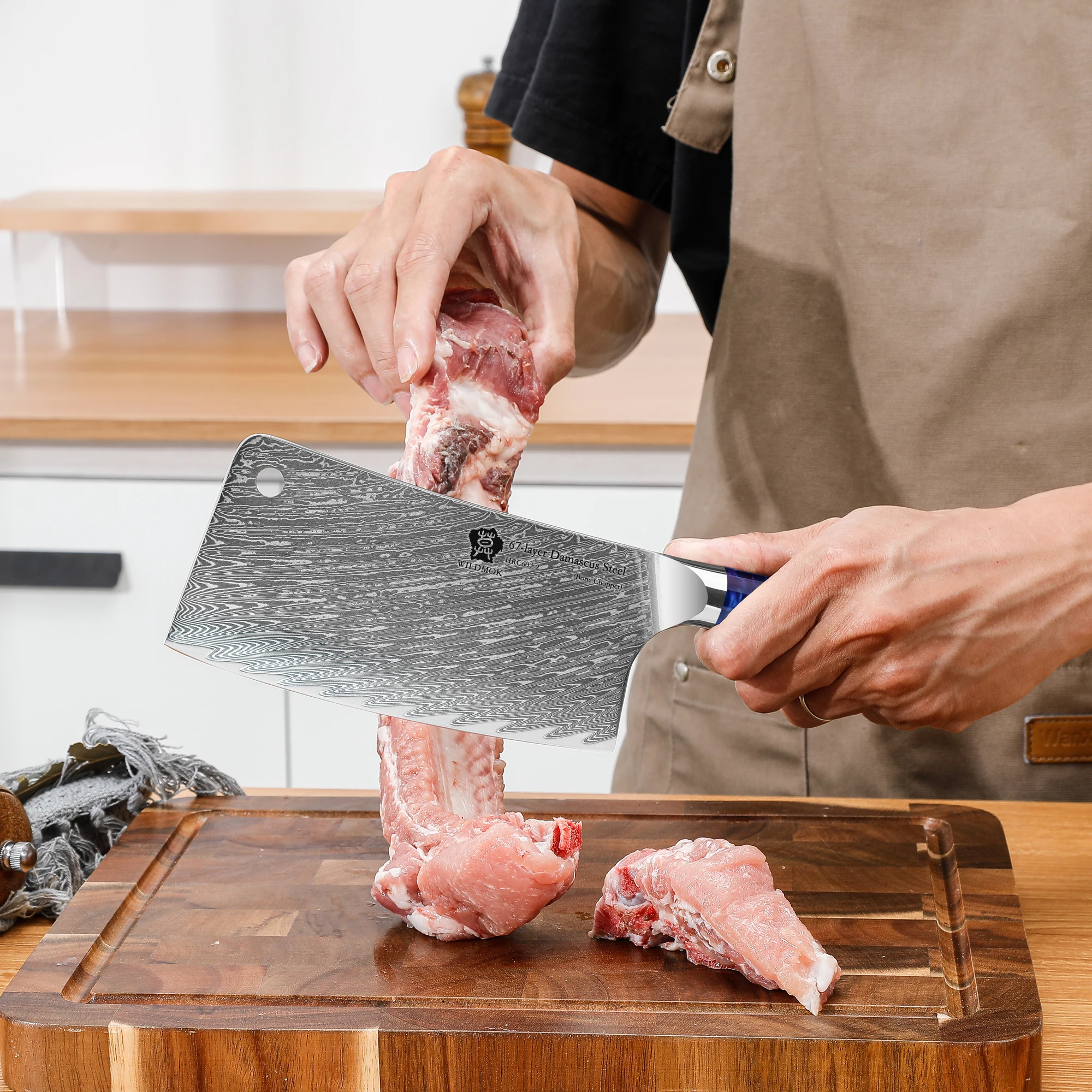 WILDMOK Heavy Duty Bone Chopping Knife Damascus Steel 6.5 Inch, Full Tang Kitchen Butcher Knife for Bones Meat with Resin Handle
