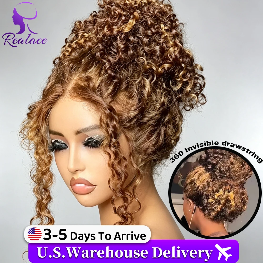 P427 Honey Blonde 360 Full Lace Wig Highlight Curly Human Hair Pre-Plucked Deep Wave Water Wave 360 Invisible Strap Lace Frontal Wig 34 Inch