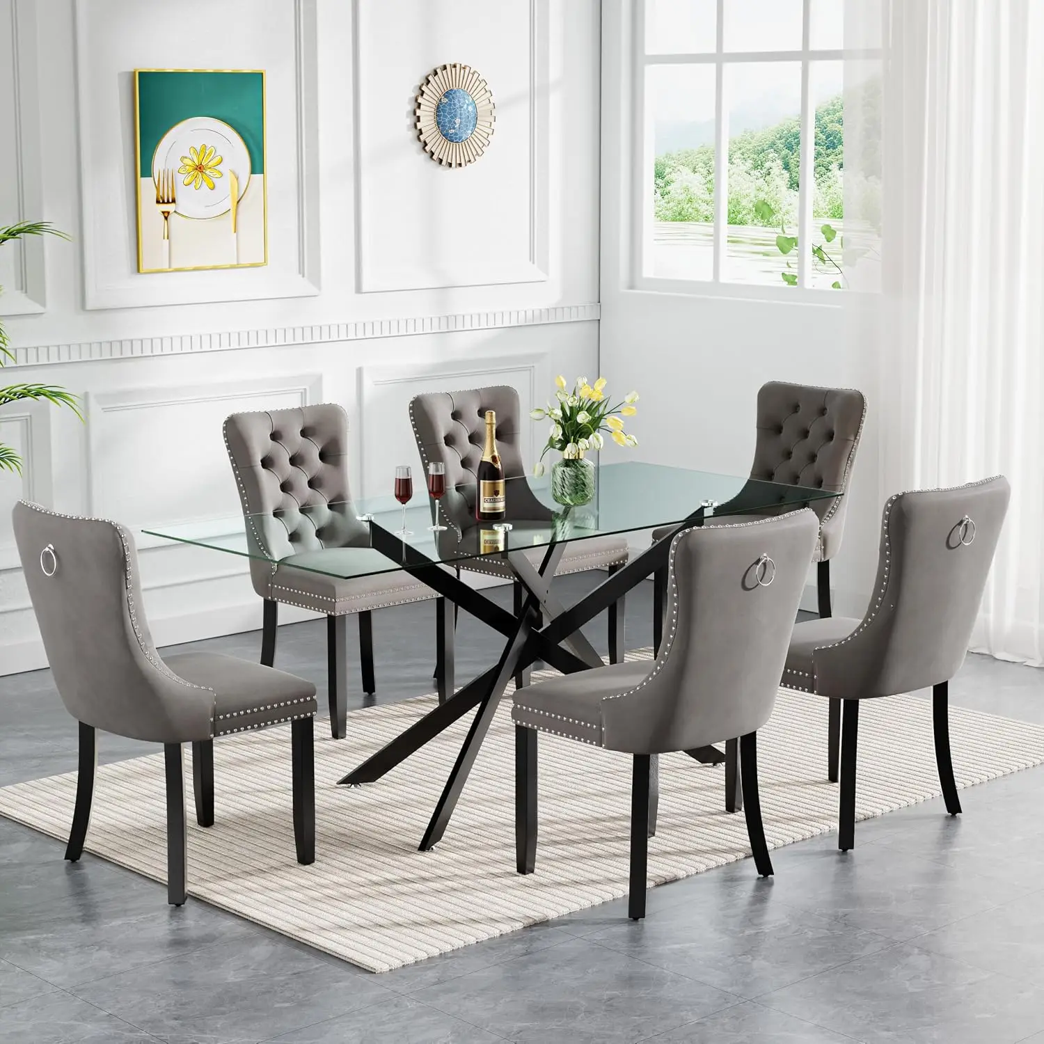 7 Piece Rectangular Glass Dining Table Set for 6, 60 Inch, Customized