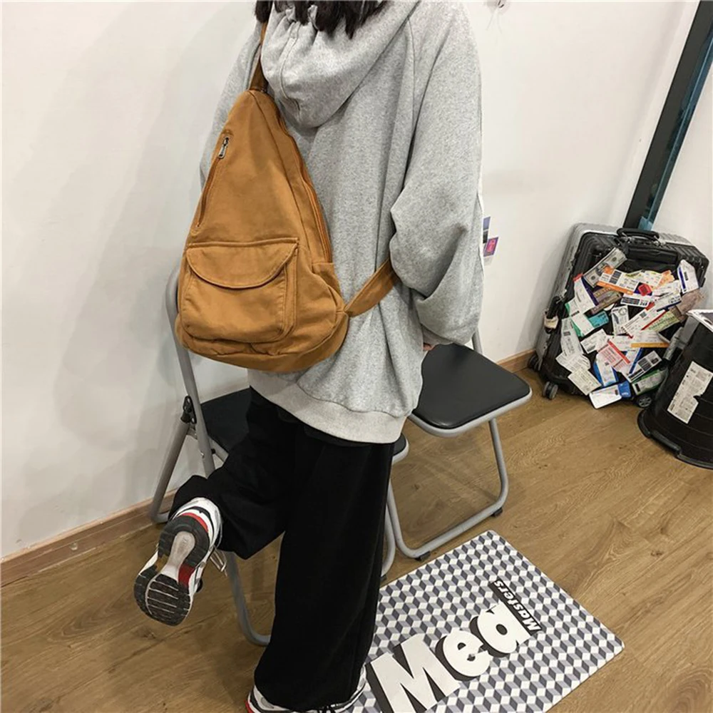 Bolso de pecho Harajuku para mujer, bolsa de lona de hombro, bolsos de mensajero de tendencia, bolso de Puerto Simple de gran capacidad para hombre