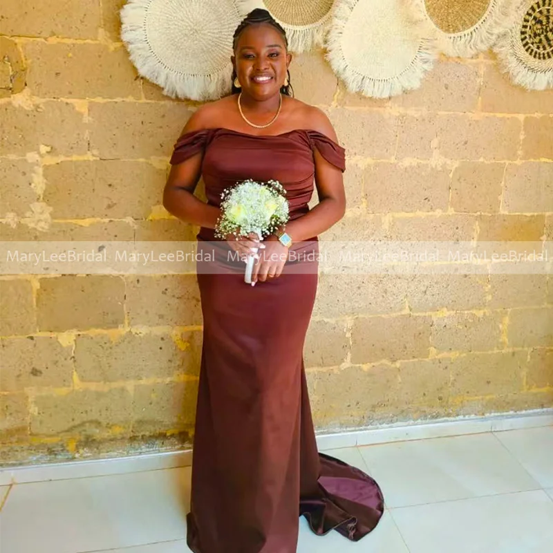 

Шоколадно-коричневые платья подружки невесты на заказ, большие размеры, плиссированные атласные длинные платья с открытыми плечами для свадебной вечеринки, платья подружки невесты