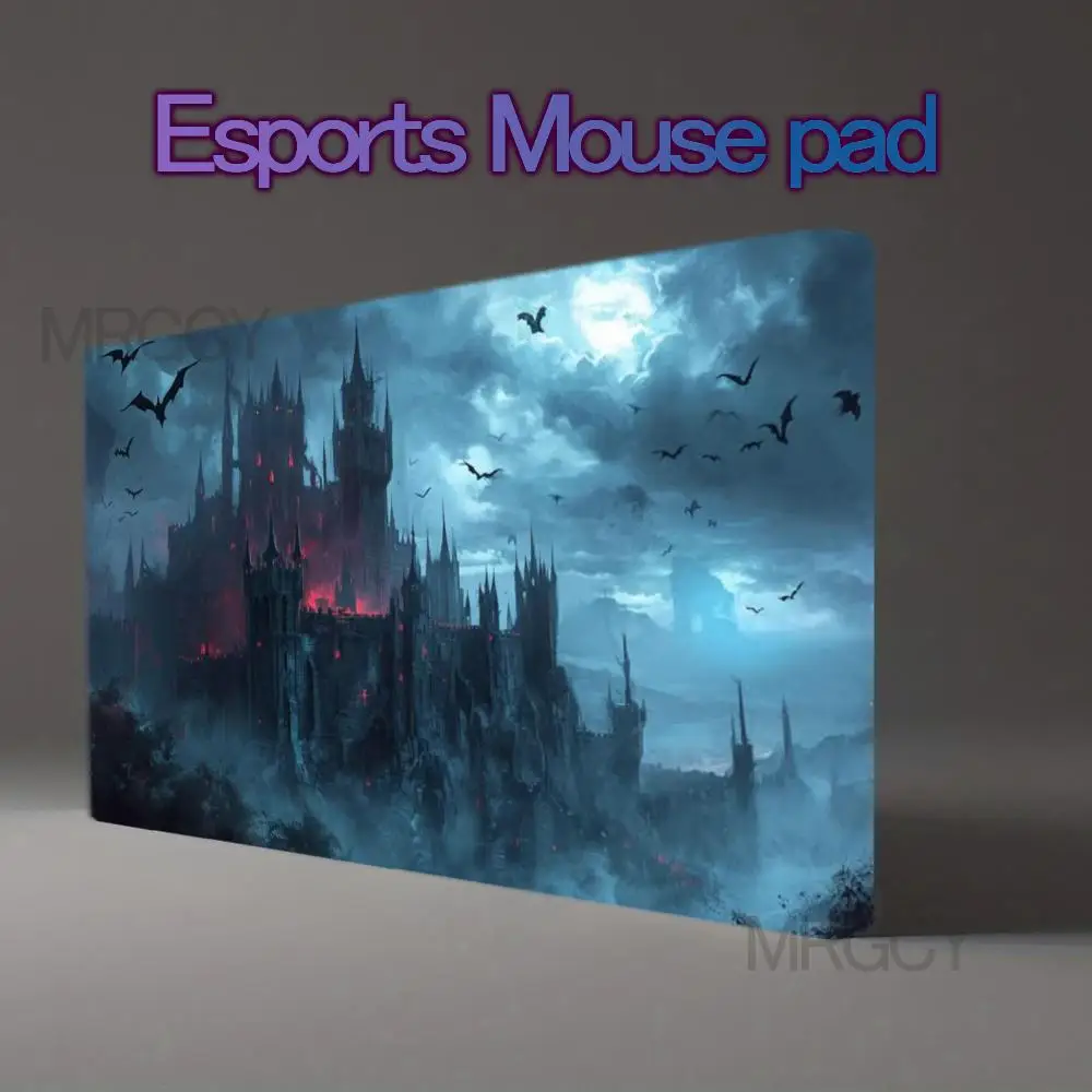 Cold Blue Moon Misty Gothic Vampire Castle With Bats Desk Mat, Waterproof Surface Stitched Edge Non-Slip Rubber Large Mouse Pad