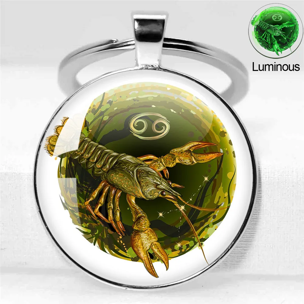 Zodiac Sign 12 Constellation Luminous Animals Photo Glass Pendant Keychain Bag Car Keychain Holder Charms Keychain