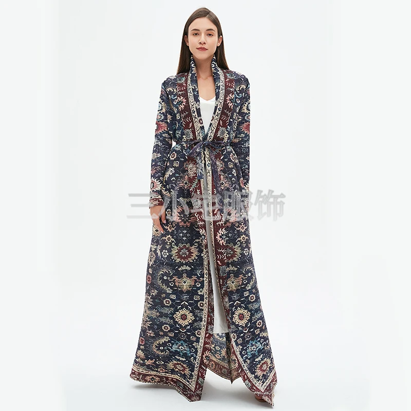 

YUDX Miyake Long Sleeve Printed Dress Windbreak Women 2024 Winter New Original Designer Abayas Turndown Collar Belted Coats