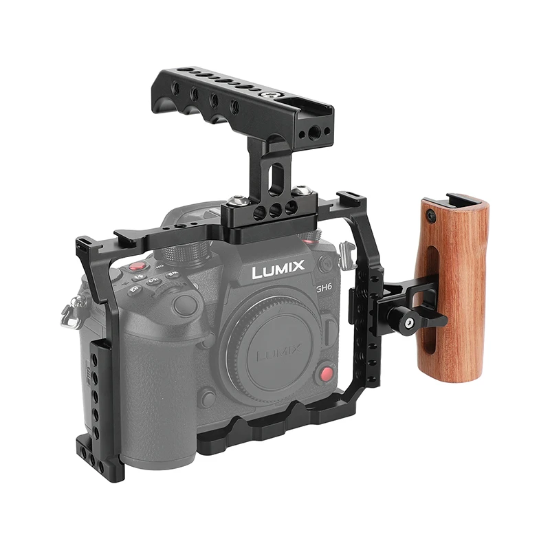 

CAMVATE Camera Cage Rig with 3 Cold Shoe Mounts & Aluminum Top Handle & Side Wooden Handle Grip Special For Panasonic Lumix GH6