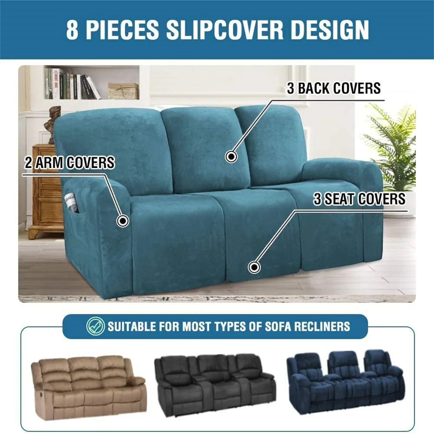 Velvet Stretch Recliner Couch Covers 8-Pieces Style Recliner Slipcover 3-Seater Non Slip Form Fitted Thick Soft Washable