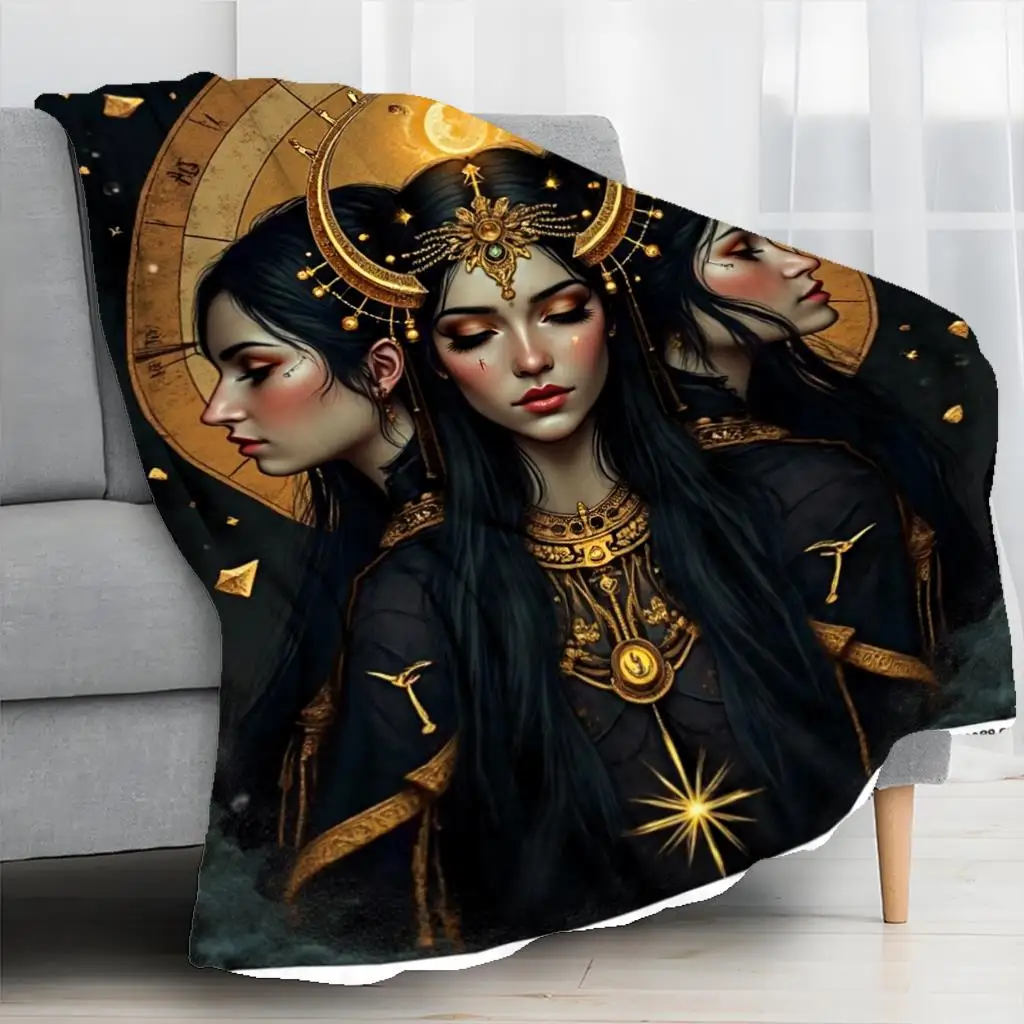 1pc Dark Fantasy Hecate Goddess Printed Throw Blanket, Gothic Moon & Crescent Design, All‑Season Soft Blanket, Home Office Decor