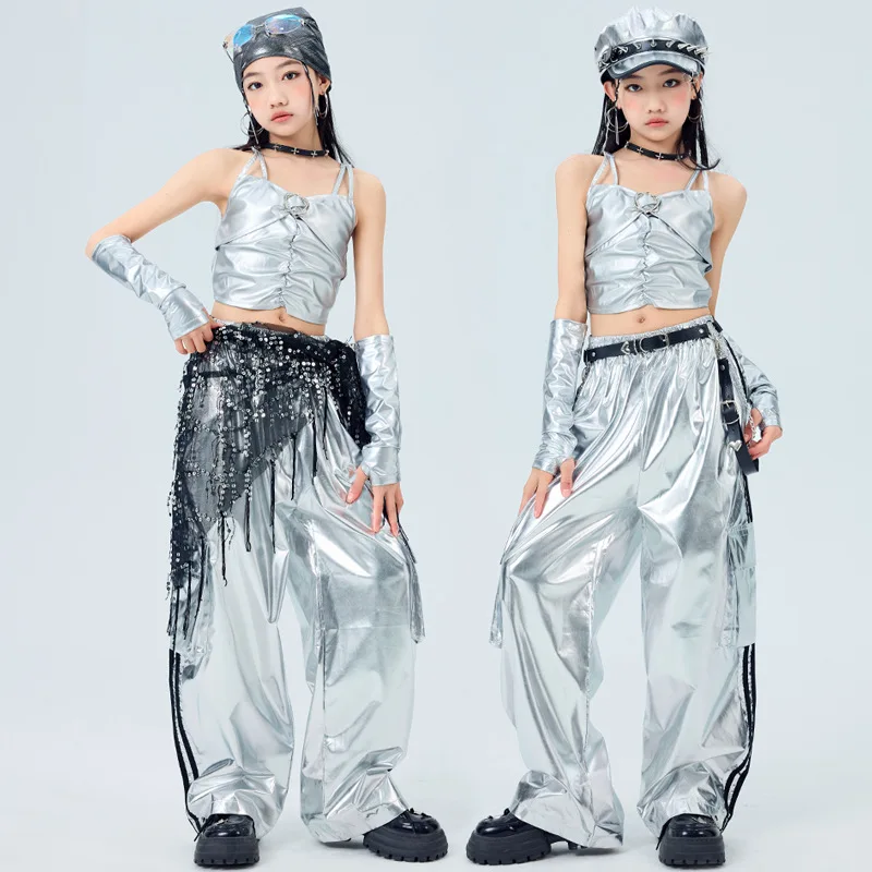 Girls K-pop Laser Crop Top Girdle Silver Cargo Pants Street Dance Kids Hip Hop Shiny Streetwear Child Jazz Costumes Clothes Sets