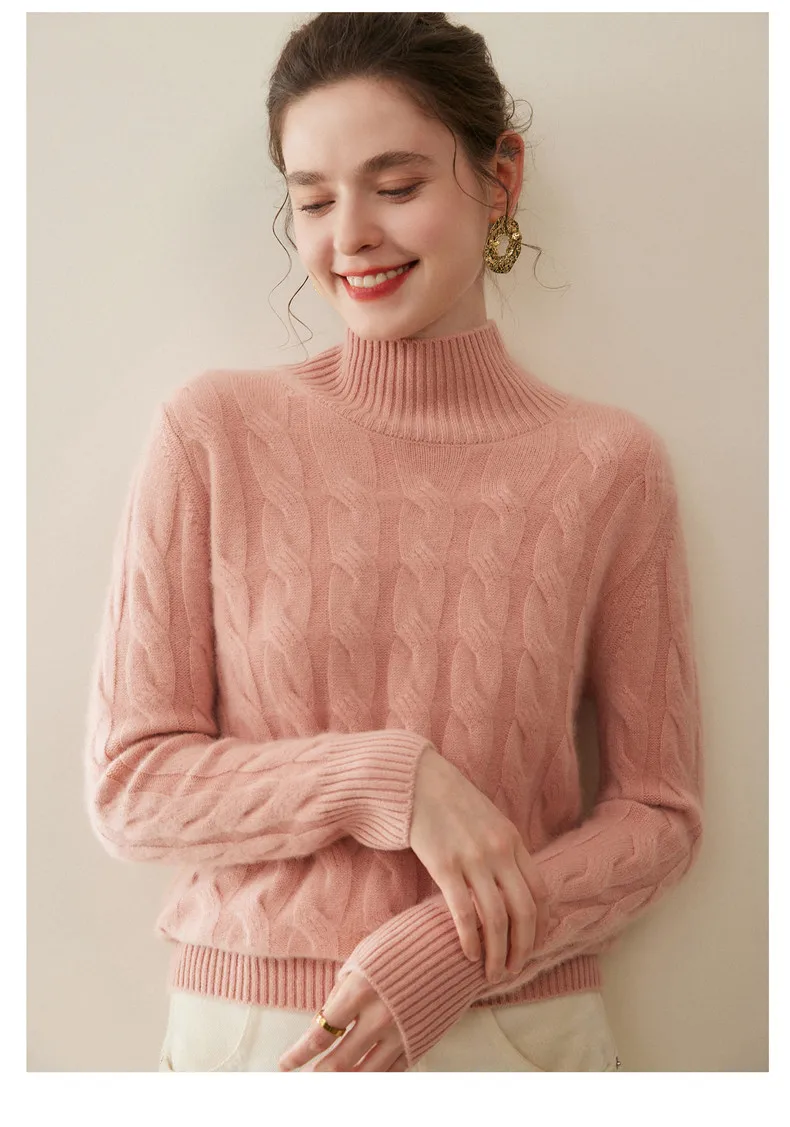 100% pure cashmere sweater women's half-high-necked double-stranded thickened loose knit bottoming sweater