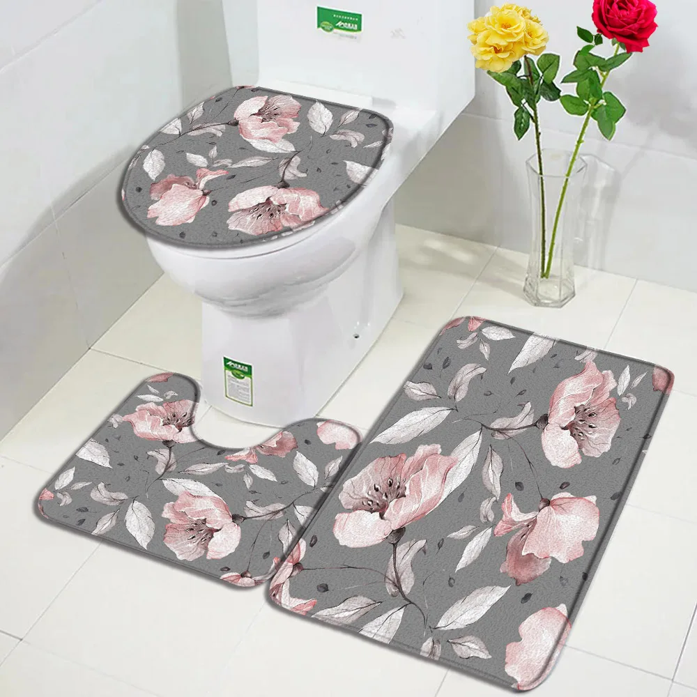 Pink Rose Floral Bath Mat Set Green Leaves Flowers Rustic Home Carpet Non-Slip Bathroom Decorative Floor Rugs Toilet Lid Cover