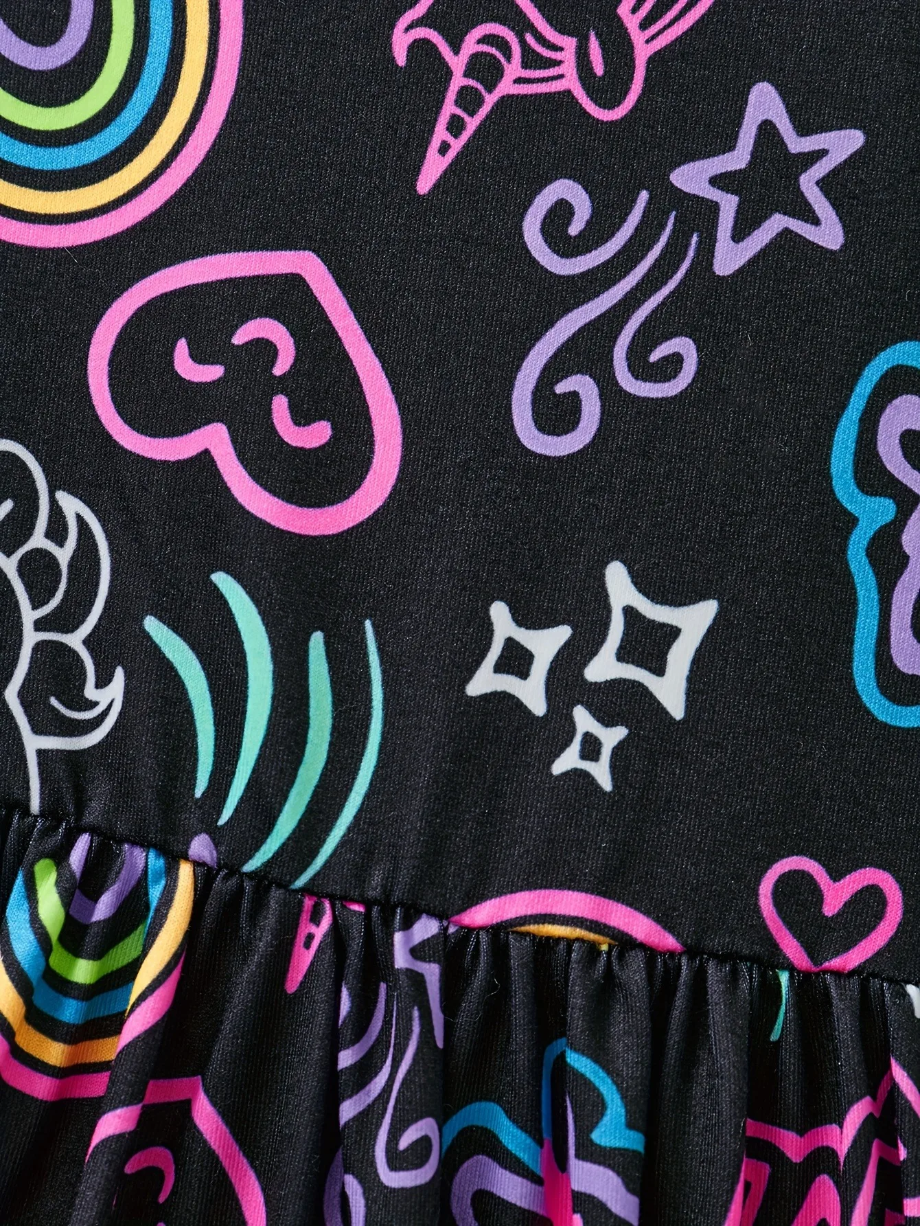 Niedliches Leuchtkleid für Mädchen Schwarzer Neon-Einhorn-Regenbogen-Druck Rock Kinder Casual Alltagskleidung Leuchtendes Party-Outfit – Detail 6