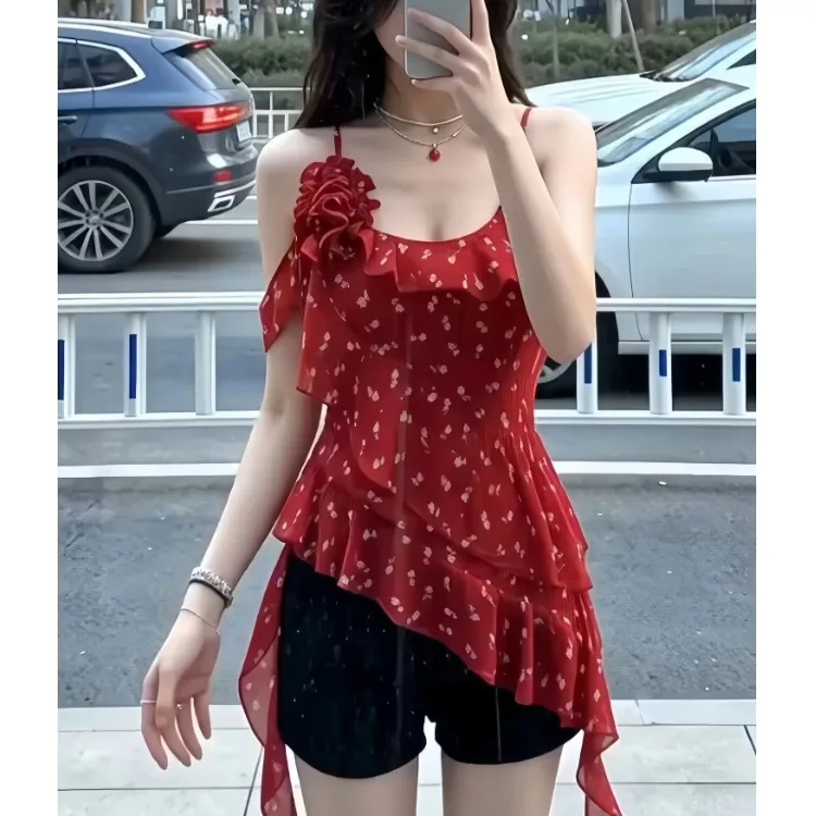 

Красный кружевной укороченный топ с цветочным узором для женщин, летний, асимметричный, на бретельках, без рукавов, в стиле Spicy Girl, повседневный, для города