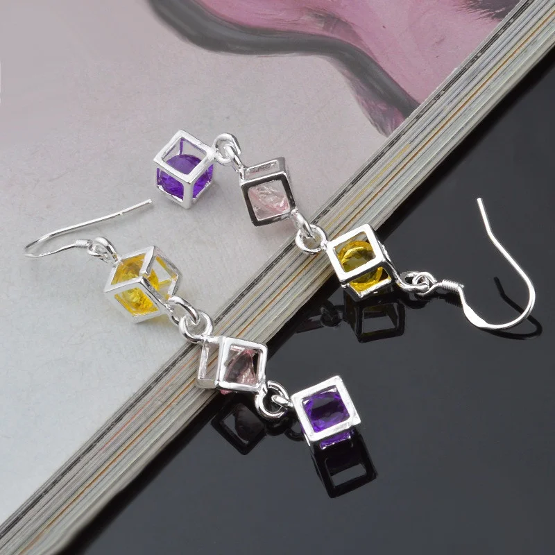 Elegant Fashion Geometric Cubes Dangle Multicolor Zircon Ear Hook Earrings for Women Valentines Day Gift Jewelry Pendiente Mujer