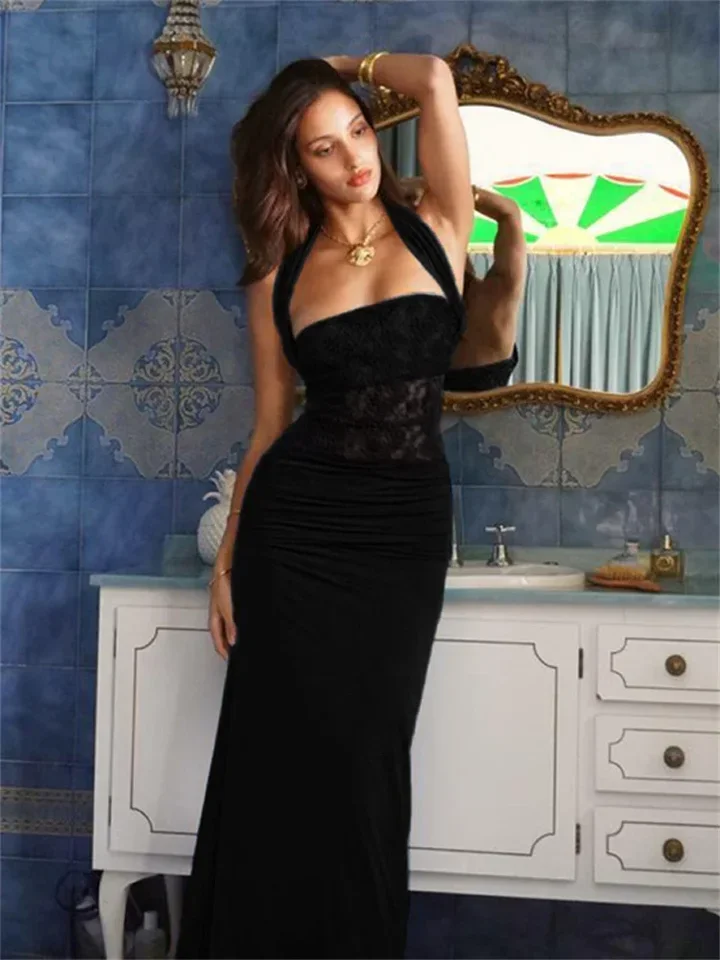 Mode Kant Halter Vrouwen Maxi Jurken Sexy Patchwork Ruches Mouwloos Schede Gewaad Mujer Elegante Avondfeest Vestidos