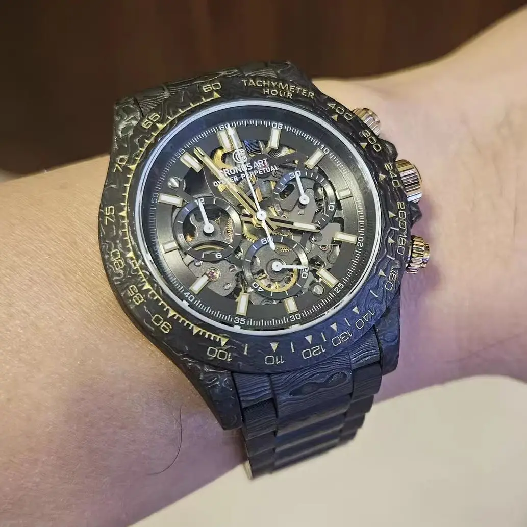 CRONUSART Men Chronograph Watch 42mm Automatic Mechanical Wristwatch Carbon Fiber Case & Strap Sapphire Luminou Skeleton Dial