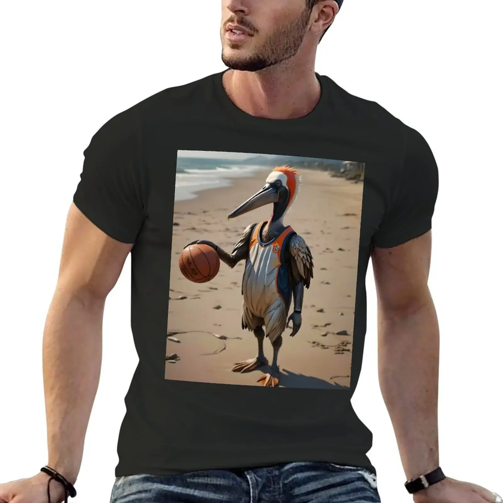 Pelican Plays Basketball On The Beach T-Shirt shirts graphic tees tops blanks plain vintage t shirt men