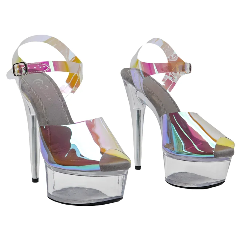 Leecabe  6inch/15cm clear holographic upper Fashion lady  sandals shoes clear high heel platform stripper heel pole dance shoes