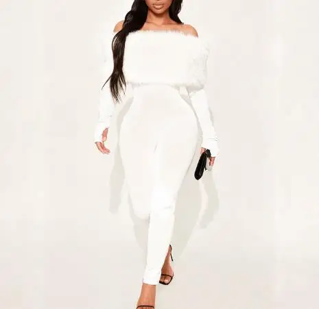 Herbst und Winter One Neck Off Schulter Pelz Patchwork Set Finger Langarm Neun Teil Overall frauen Kleidung