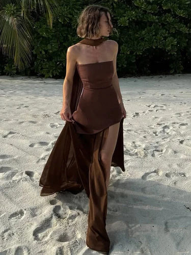 Imagen 2 del producto TARUXY moda vestido sin tirantes con cinta mujer elegante sin mangas malla playa vacaciones vestido largo 2025 primavera nuevo vestido de mujer