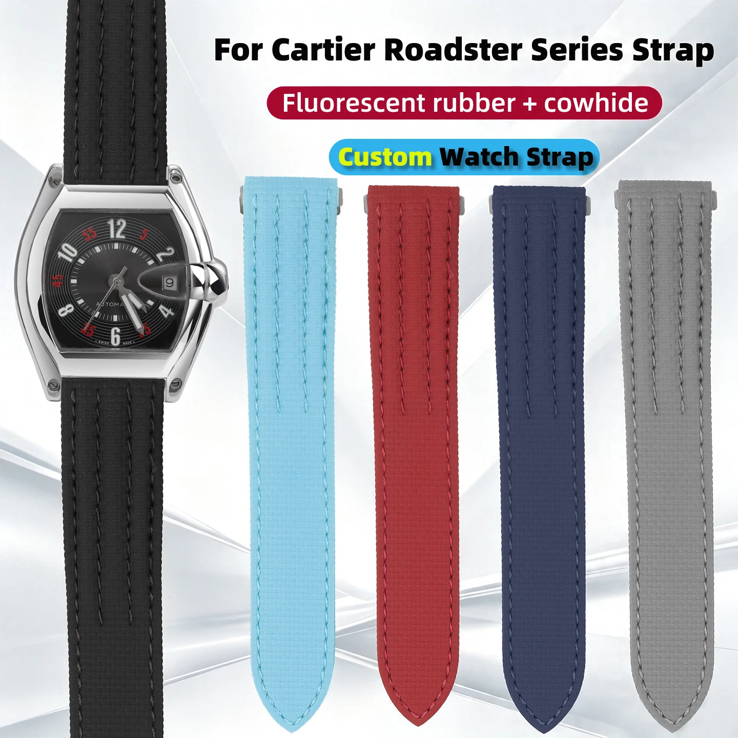 For Cartier Roadster W6206018 W6206017 W62025V3 FKM Leather Watch Strap Quick Release Customized Fluororubber Watch Band 19 20mm