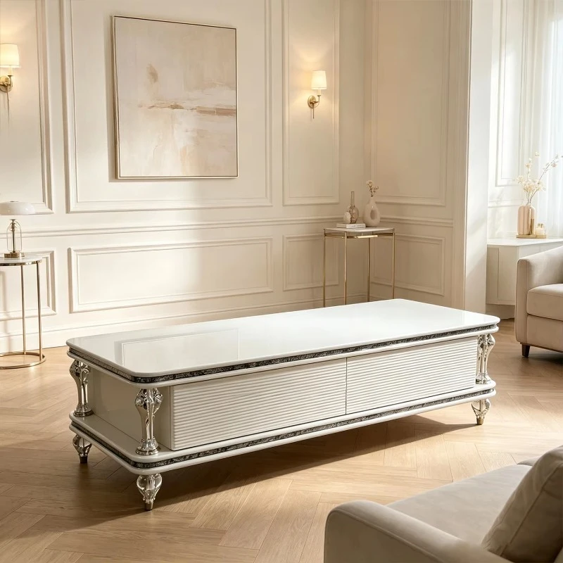 Solid wood coffee table rectangular carved coffee table with marble countertop