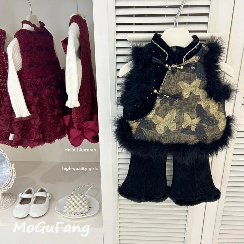 01-الفتيات الخريف الشتاء النمط الصيني السنة الجديدة الزي الأسود والذهبي فراشة سترة مع الصوف والسراويل الطويلة بلون اثنين P