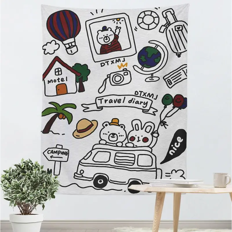 VIKAMA Cartoon Travel Tapestry Hand Painted Graffiti Wall Hanging Bedroom Living Room Aesthetic Decor Polyester Backdrop