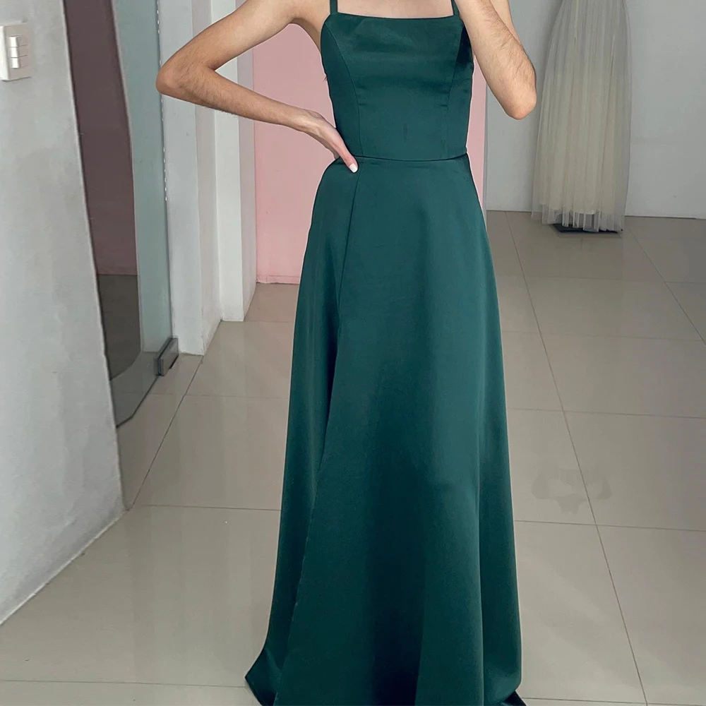 

Square Neck Straight Sleeveless Jersey Floor Length Evening Dress Elegant Solid Green Pleats Sweep Train Bespoke Occasion Gowns