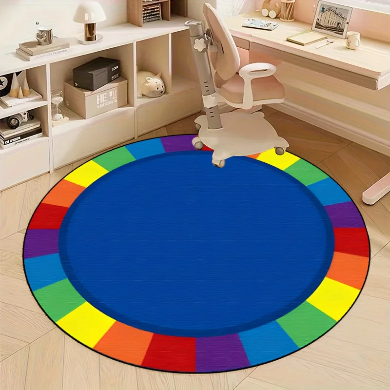 Rainbow Border Round Area Rug Colorful Kids Play Mat Non Slip Washable Floor Carpet Living Room Bedroom Nursery Decor