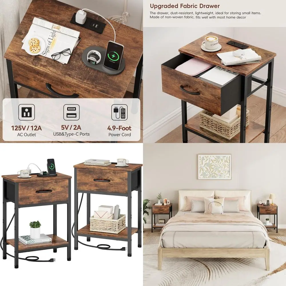 

Set of 2 Nightstands with Charging Station, Fabric Drawer, 2-Tier Shelves, 25.4 Tall, Rustic Brown for Bedroom or Dorm