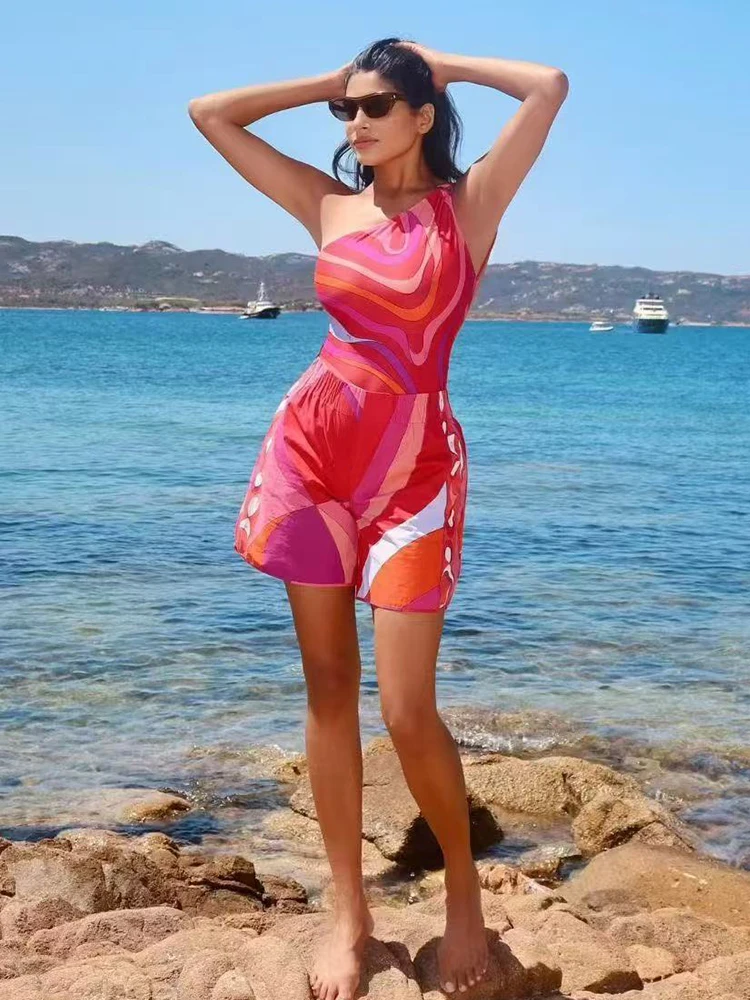 2026 Summer Women's Clothing Retro Geometric Print Mesh Slanted Shoulder Tights Fashion Versatile One-shoulder Vest Jumpsuit
