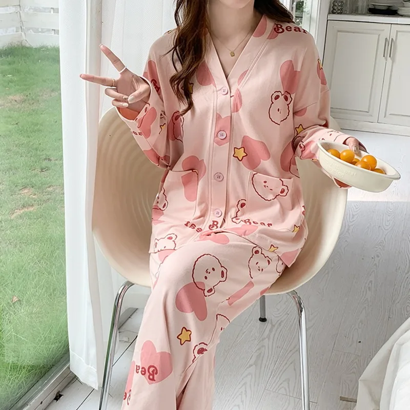 Bear Star Pajamas Set Women Long Sleeves Long Pants Autumn Winter Cute Kawaii Sleepwear Woman Pyjamas Girls Pijamas Soft Cozy Pj