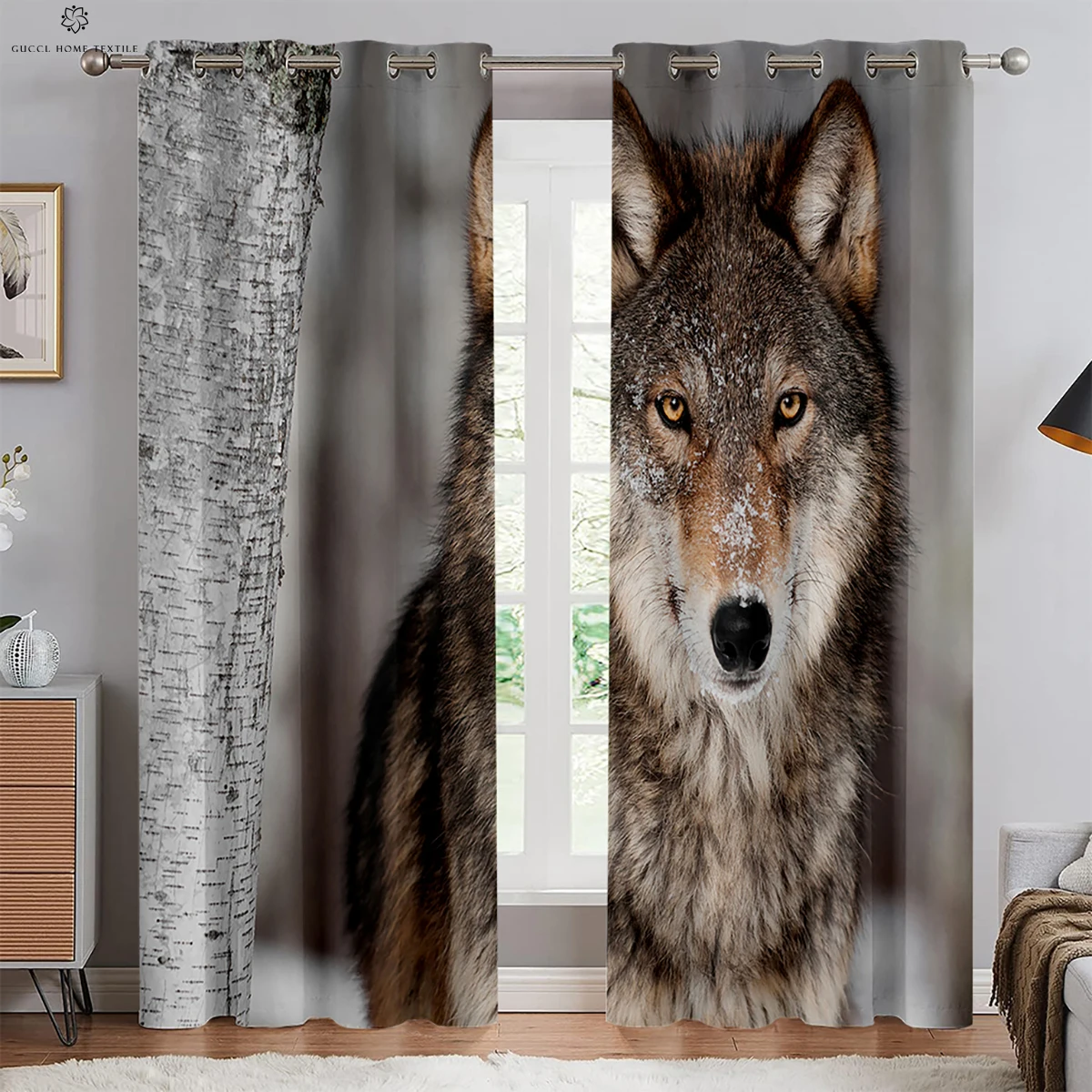 Heat Insulation Window Blackout Curtains, Animal Wolf, Starry Sky Print, Bedroom, Living Room, Kitchen Decoration