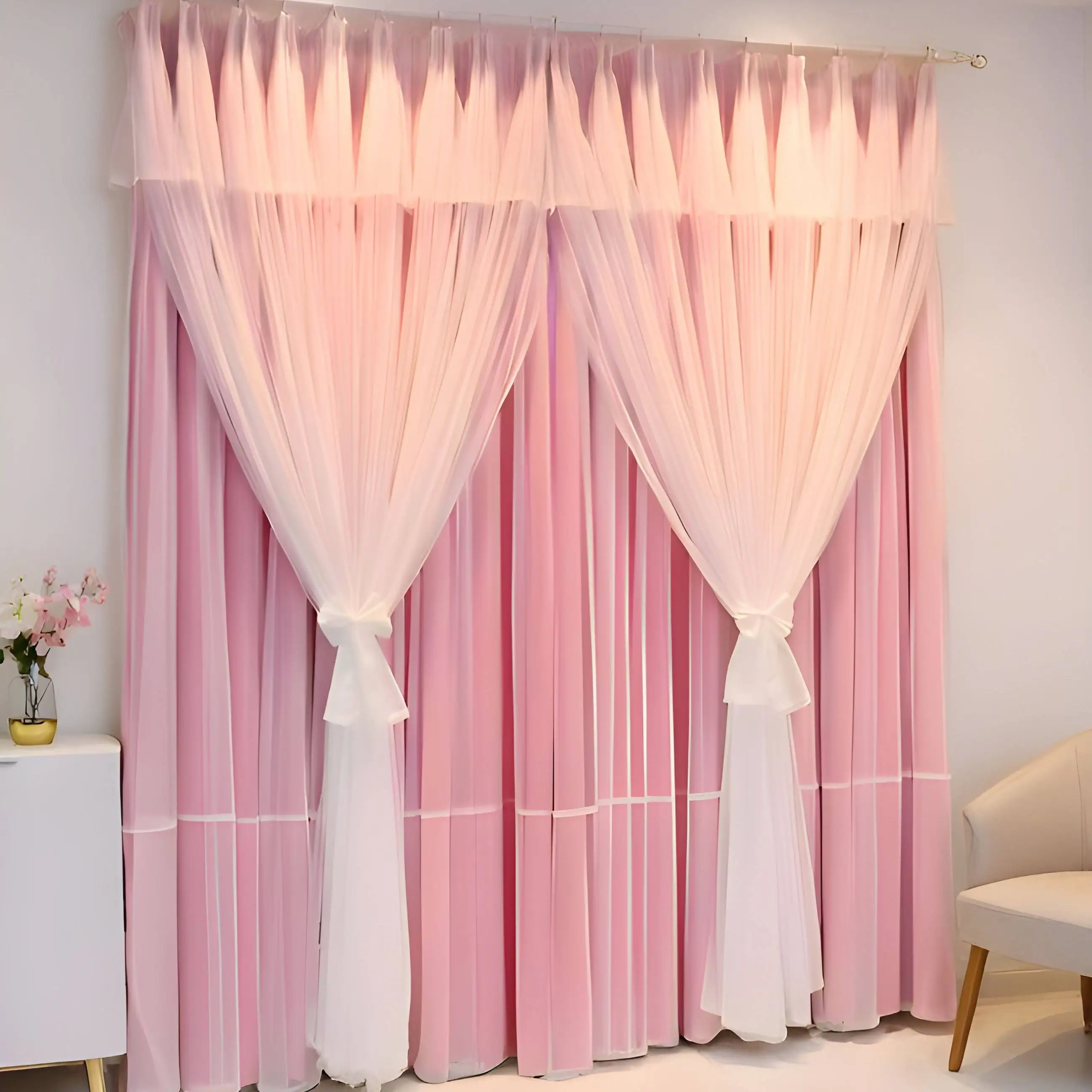 Princess Style Pink Double Layer Curtain with Sheer Voile for Girls Kids Bedroom Blackout & Tulle Window Drapes Romantic Decor