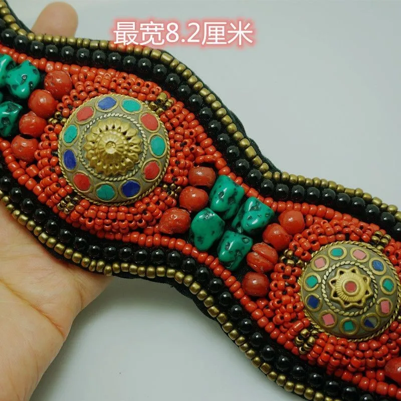 Ethnic Style Tibetan Hand Sewed Tribal Belts Colorful Stone Coral Fashion Wide Beaded Waistband Cloth Decor Belt