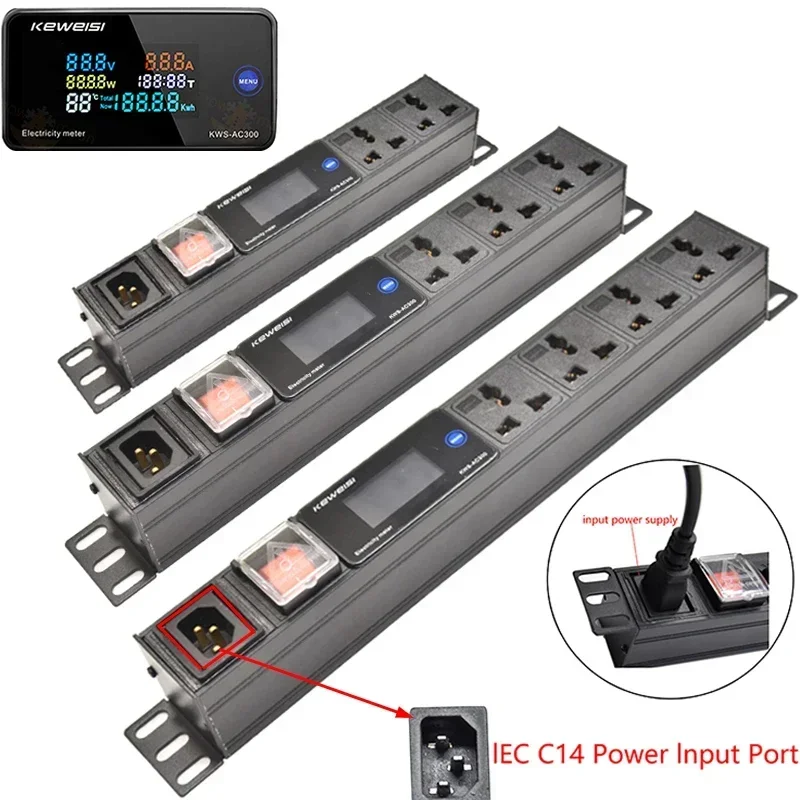 

PDU Power Strip distribution unit 2-8Ways Universal Soket Ammeter/voltmeter/power tester with swtich C14 Interface