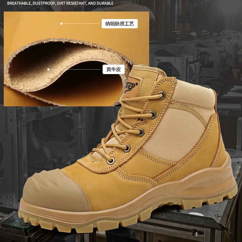 Platform Work Boots Men Genuine Leather Safety Shoes Men Side Zipper Protection Boots Steel Toe Shoes Industrial Boots Security