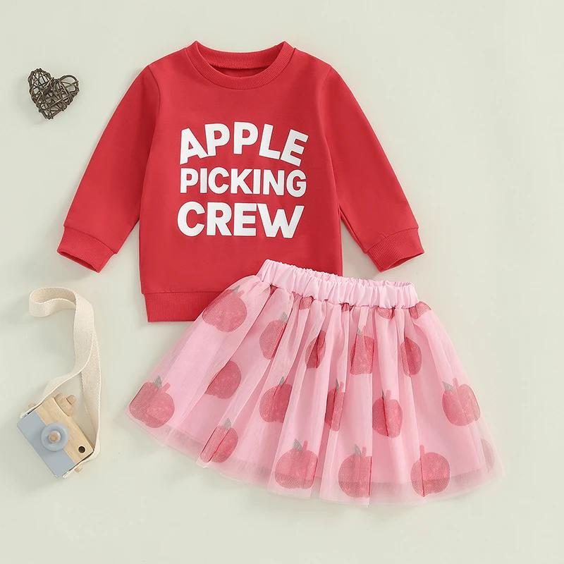 

Suefunskry 2-Piece Little Girls Skirt Set Long Sleeve Letter Print Sweatshirt Tops Fruit Print Puffy Gauze Skirt Outfits