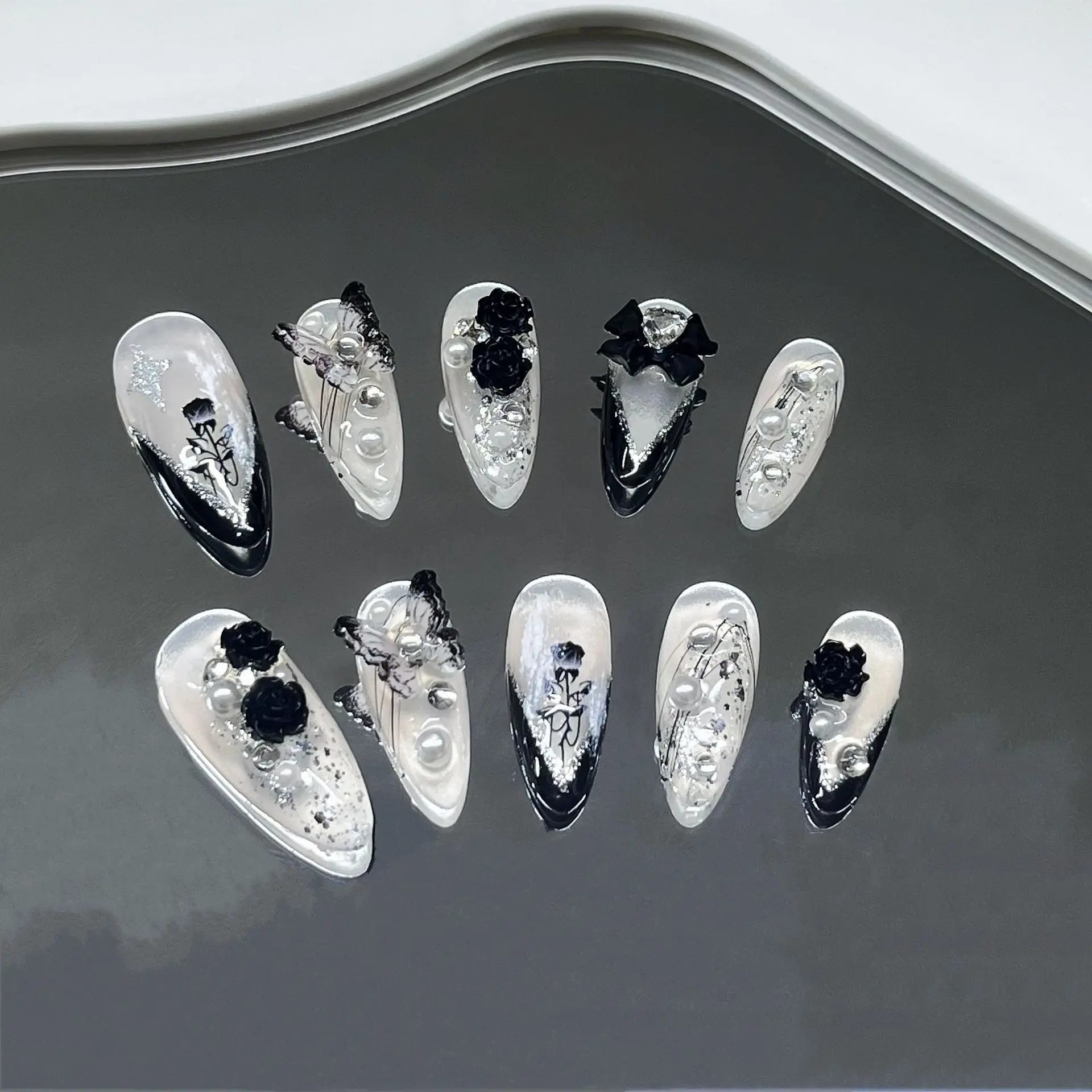 10Pcs Black Sweet Cool Handmade Press on Nails Full Cover Rhinestone Y2K Design French Almond Manicure False Nails Tips Art