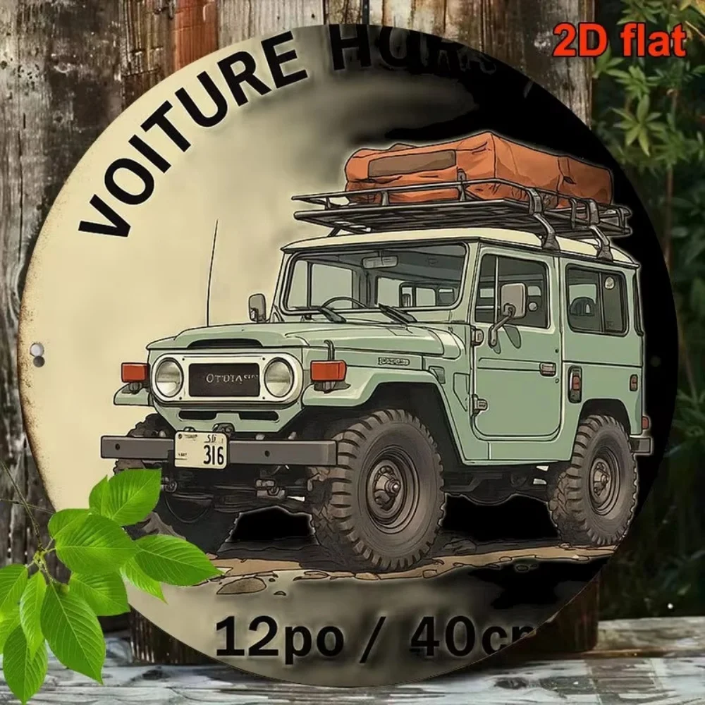 2D Flat Round Aluminum Sign, Vintage Off-Road Vehicle Decor Plaque, Classic Off-Road Car Art for Garage & Living Room