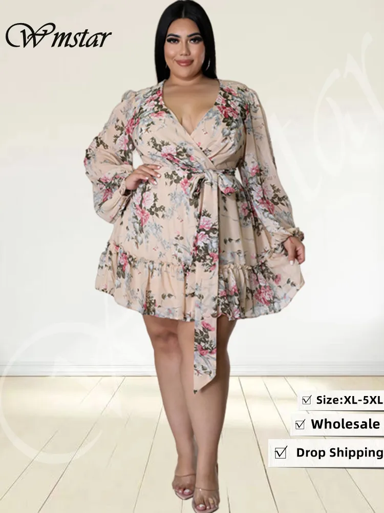 Wmstar Plus Size 5xl Dresses Women Sexy Party Flower Print Mini Dress Loose Elegant Cute Outfits 2023 Wholesale Dropshipping