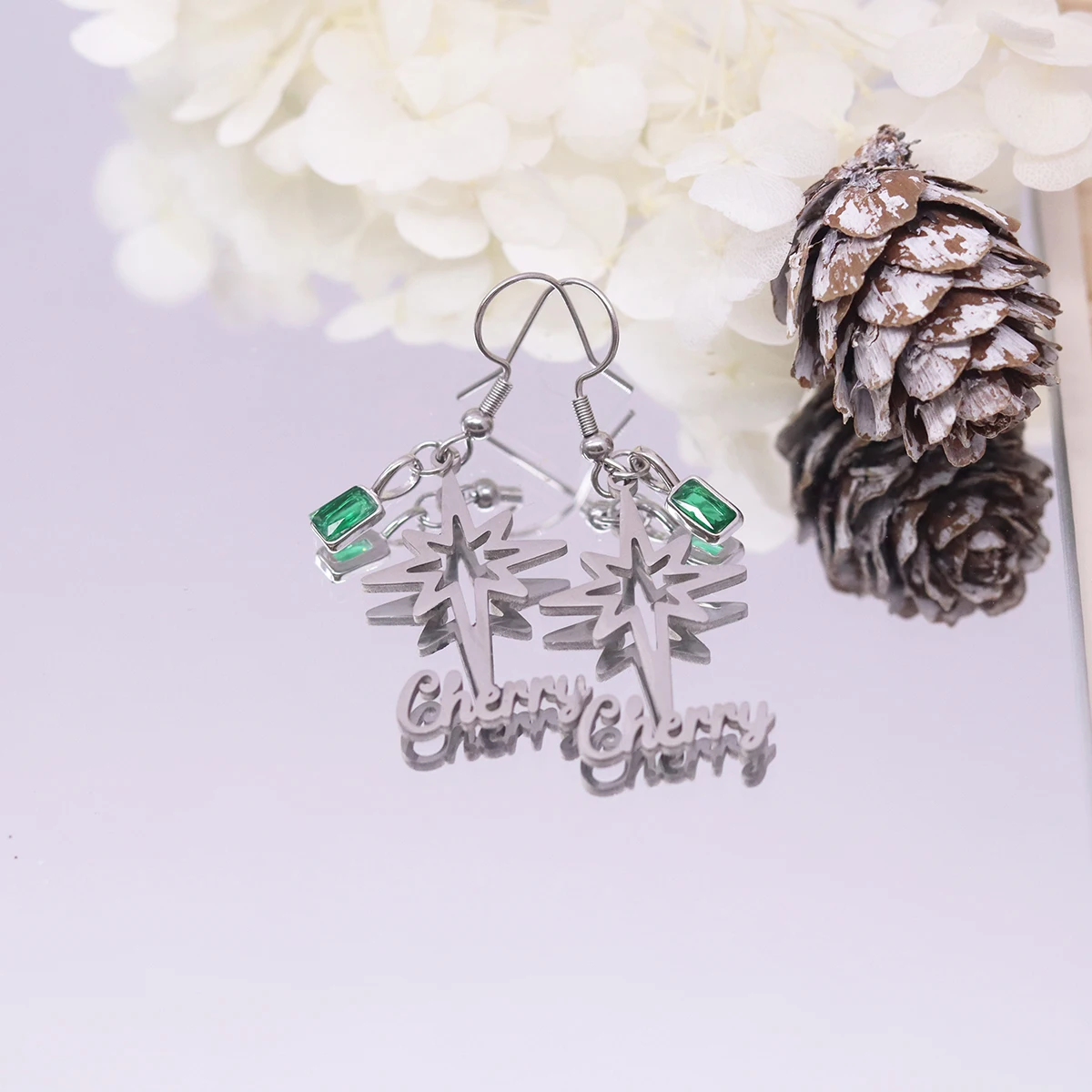 Chandler Custom Name North Star Earrings with Green Zircon, Celestial Themed Dangle Earrings, Ethnic Jewelry for Women