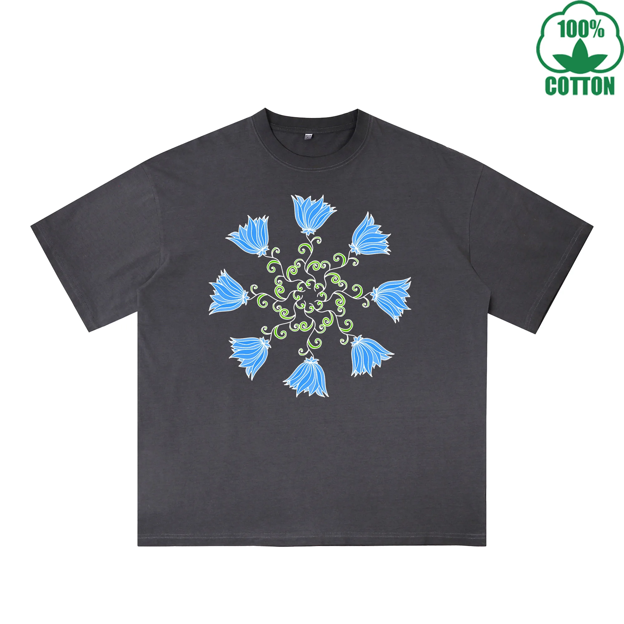 

Blue Flower Printed Dirty WashT-Shirt 230G Multicolor Loose Trendy Fashionable 100%Cotton Short Sleeve Top