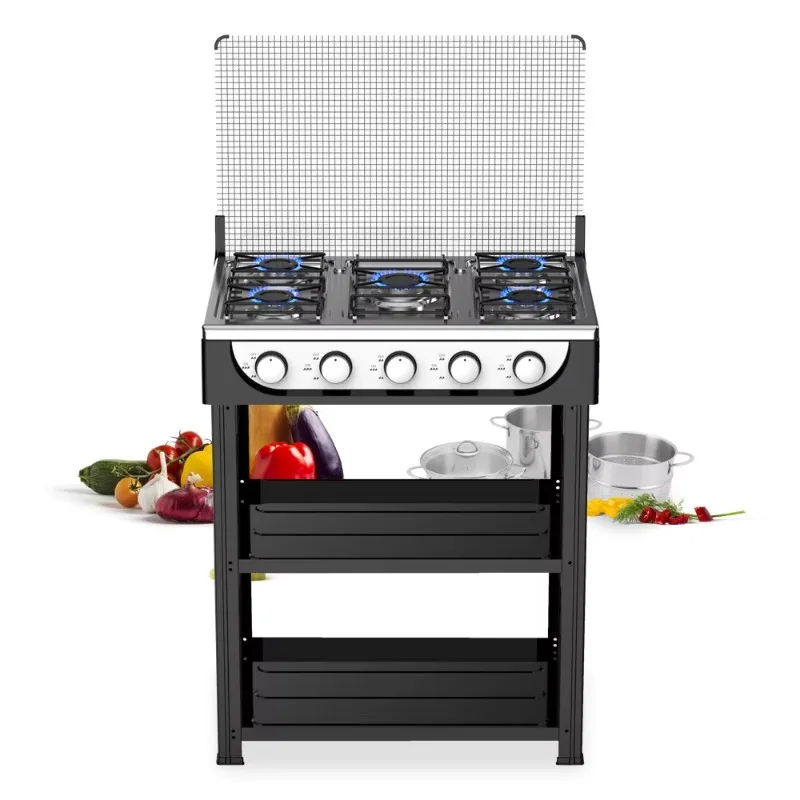 Commercial kitchen gas cooker Free standing 5 burner cooktop with iron cover LPG gas powered portable outdoor installation