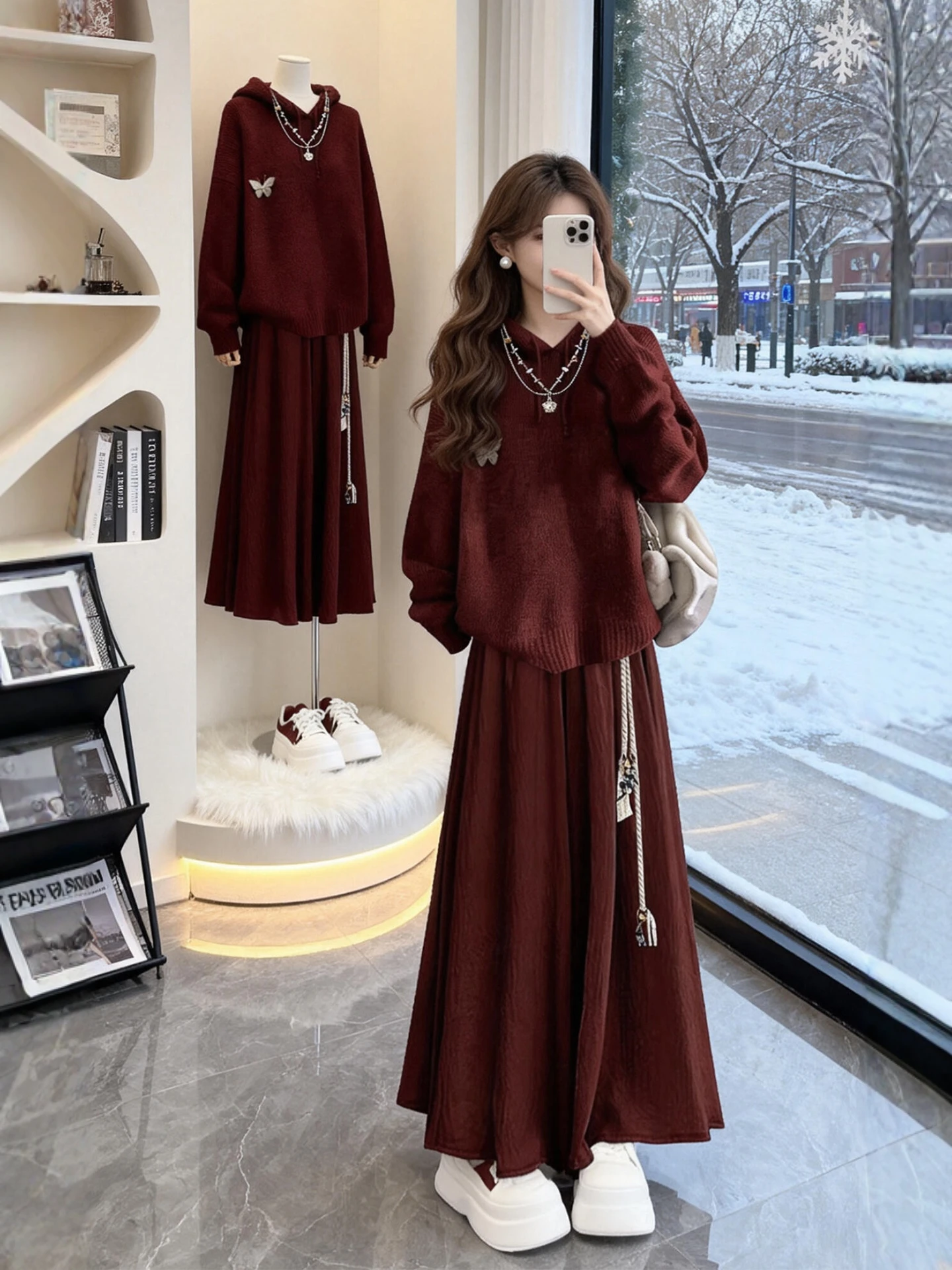 

Winter Faion plus Size Knitted Hat Women's Set Casual High Waist Skirt Long Sve Thermal Comfortable Soft Color Blo Design
